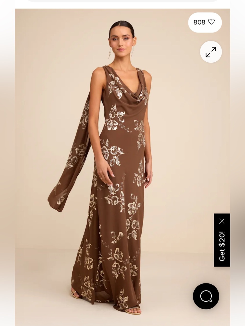 Lulus Sidonia Brown And Gold Floral Cowl Sash Maxi Dress - Size S - Picture 2 of 4